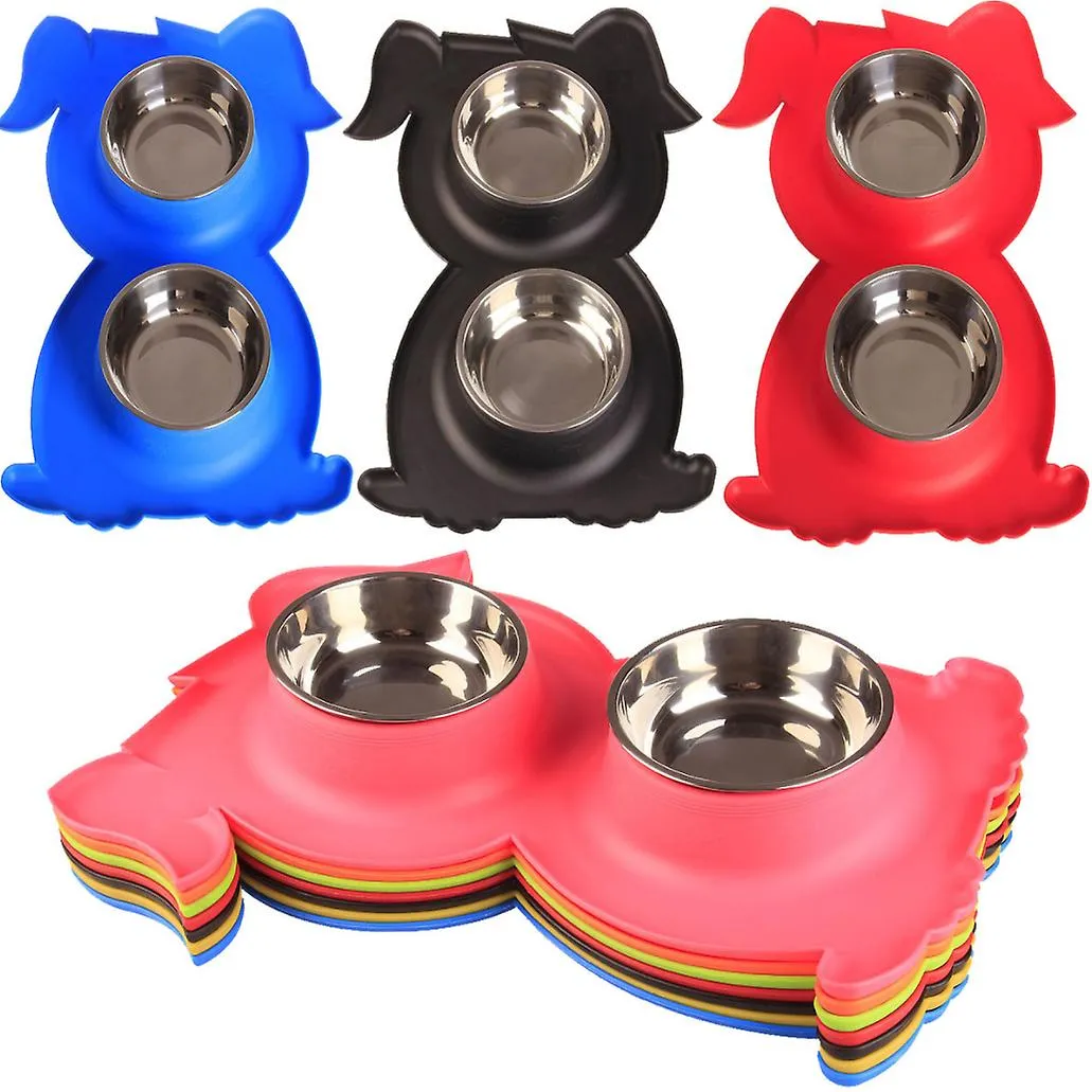 yellow Stainless Steel Double Pet Bowl Dog Cat Twin Food Water Dish Feeding Station AZ21792