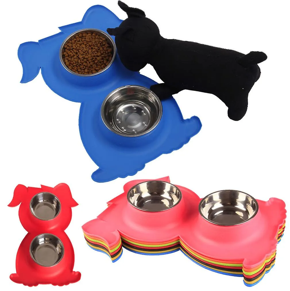 yellow Stainless Steel Double Pet Bowl Dog Cat Twin Food Water Dish Feeding Station AZ21792
