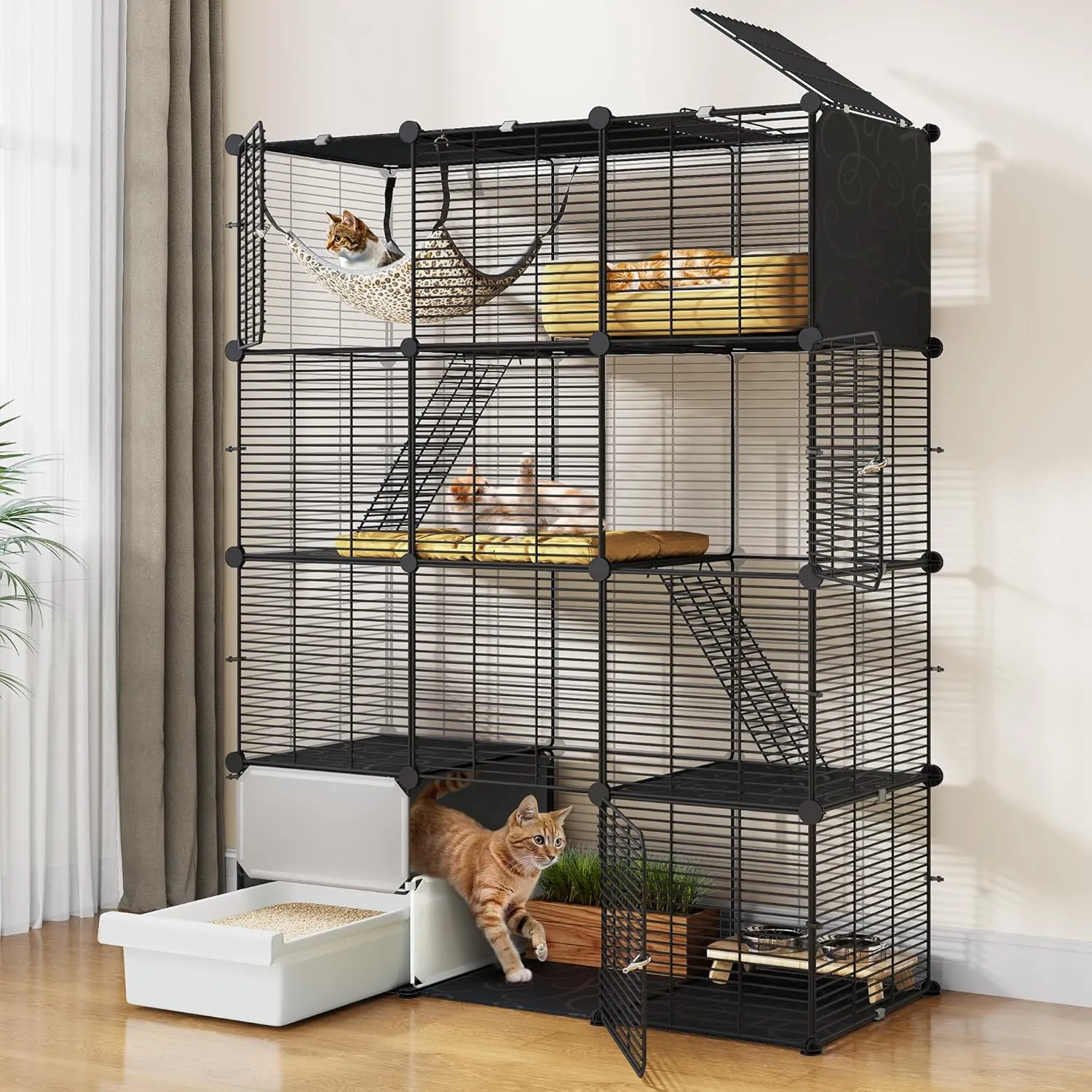 YITAHOME Cat Enclosure with Litter Box: 4-Level Indoor Cat Cage for Kittens, Spacious Play Area for 1-3 Small Cats (Black)